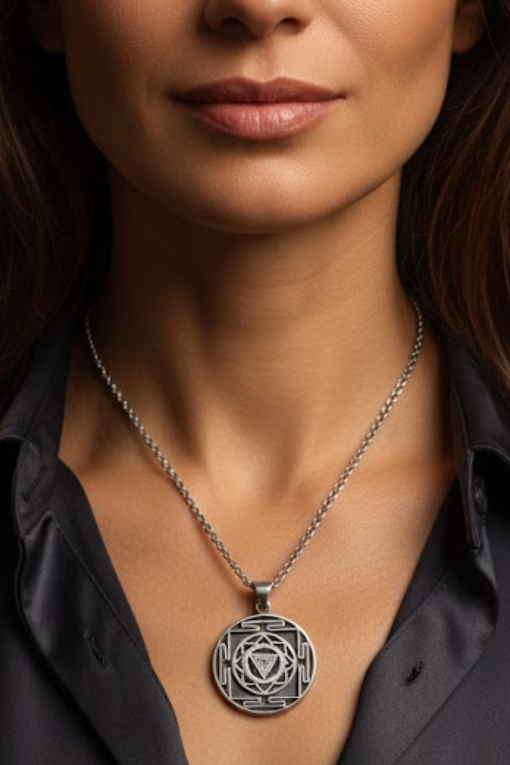 A close-up of a woman's neck and chest area, with a silver necklace featuring a pendant.