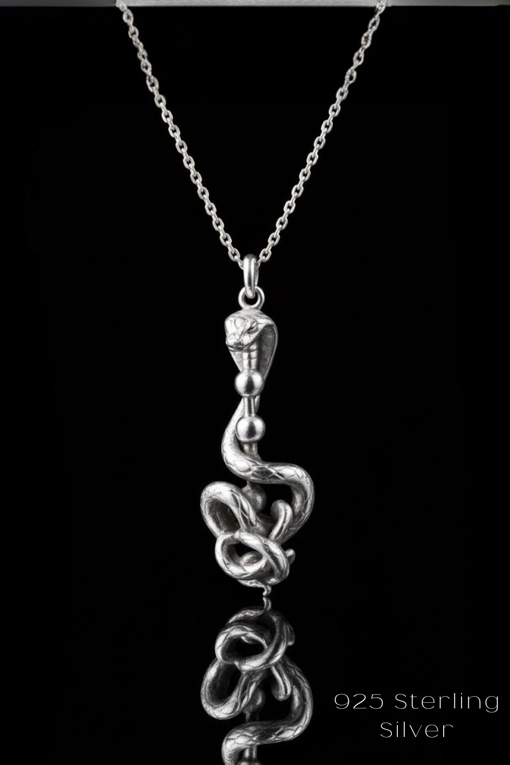 A silver necklace with a pendant in the shape of a snake or cobra.