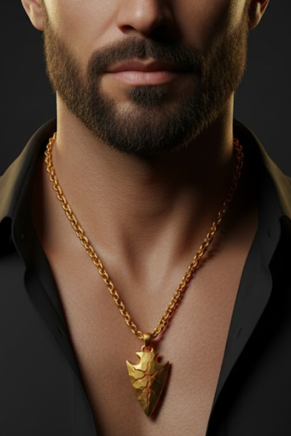 A close-up of a man's neck and chest area, with a gold necklace and a large, ornate pendant hanging from the necklace.