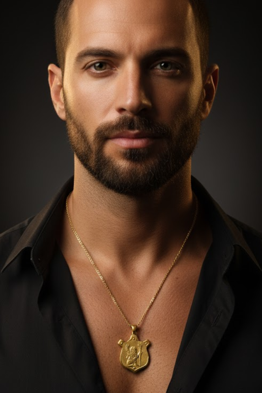 A man with a beard wearing a black shirt and a gold necklace with a pendant.