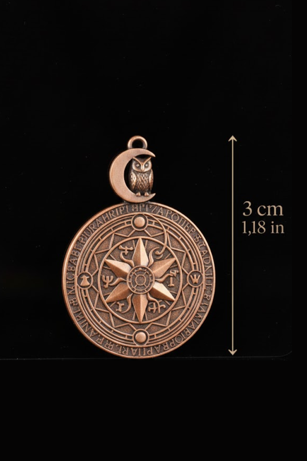 A large, ornate metal pendant with a crescent moon and an owl on top, featuring intricate designs and symbols.