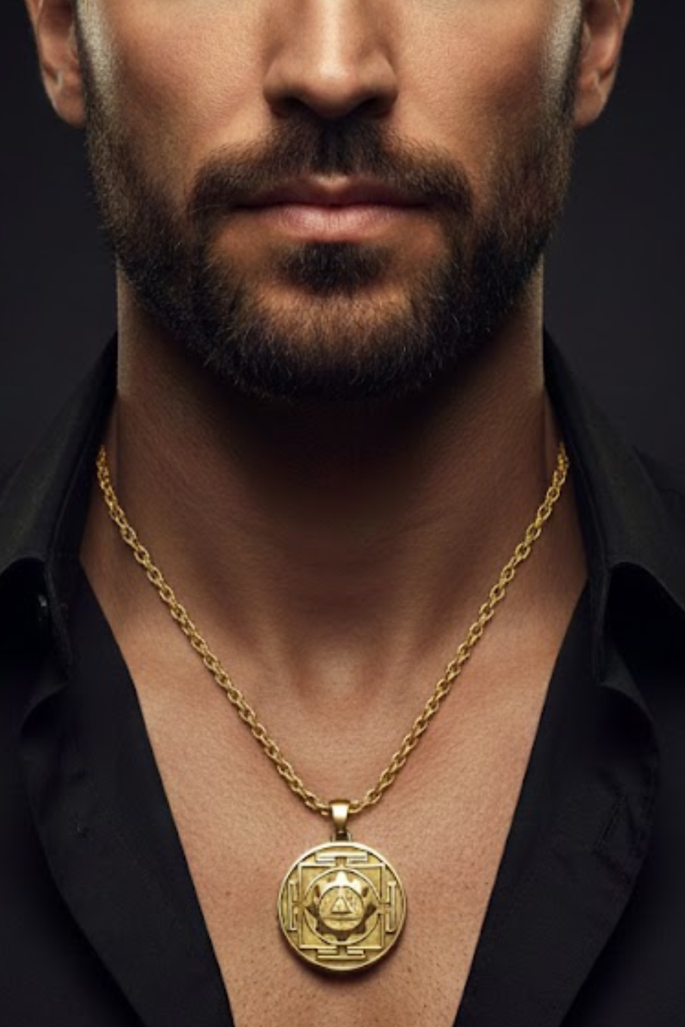 A close-up of a man's neck and chest area, with a gold pendant necklace visible.