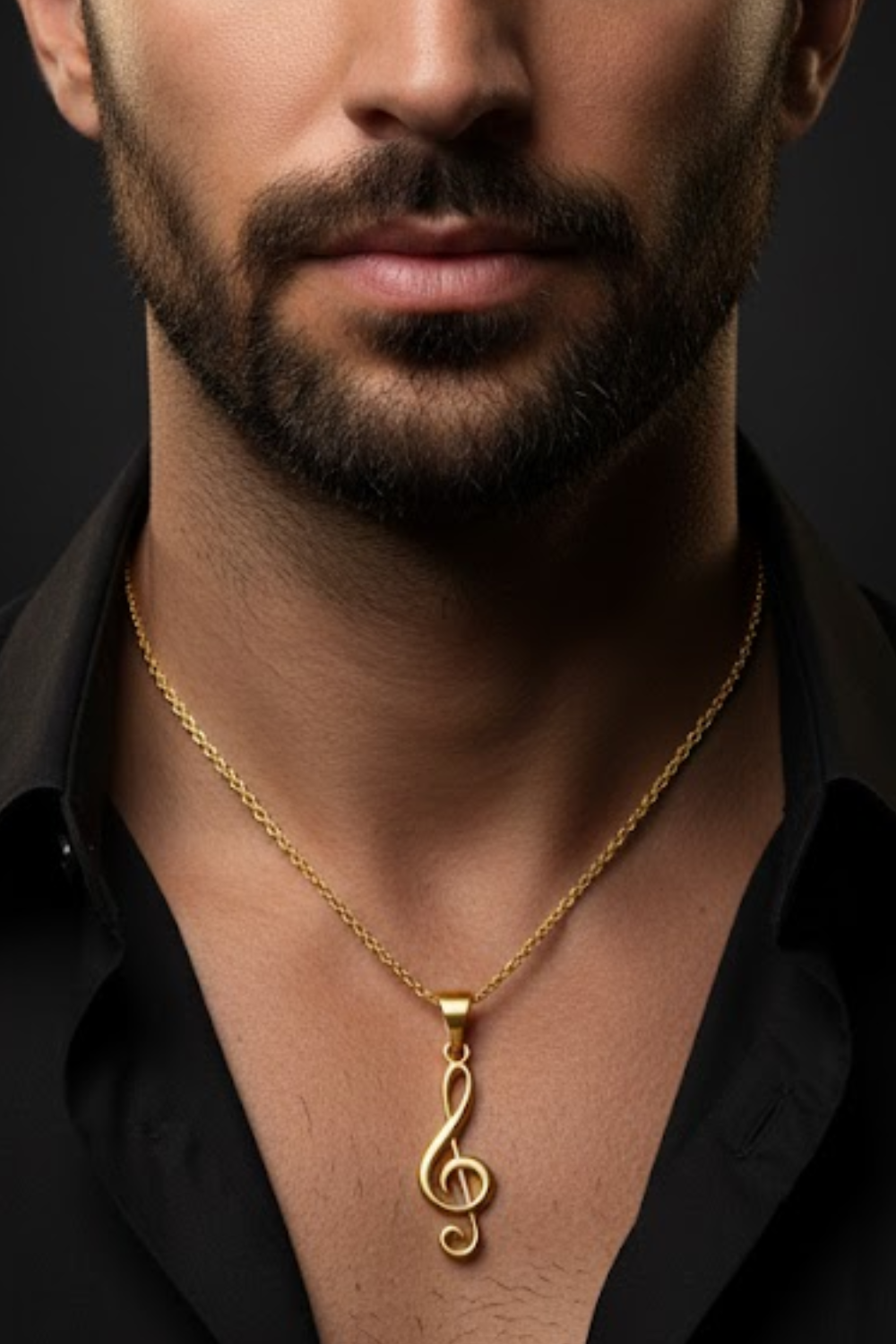A close-up of a man's neck and chest area, with a gold-colored pendant necklace featuring a treble clef symbol.