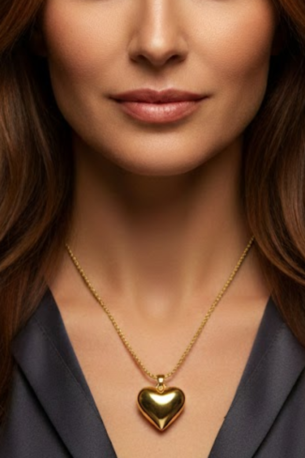 A close-up of a woman's face, with a gold heart-shaped pendant necklace around her neck.