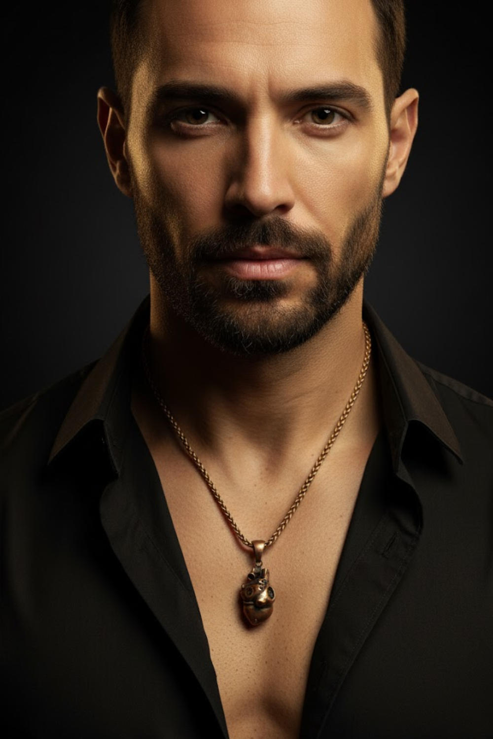 A man with a beard wearing a black shirt and a gold necklace with a pendant.
