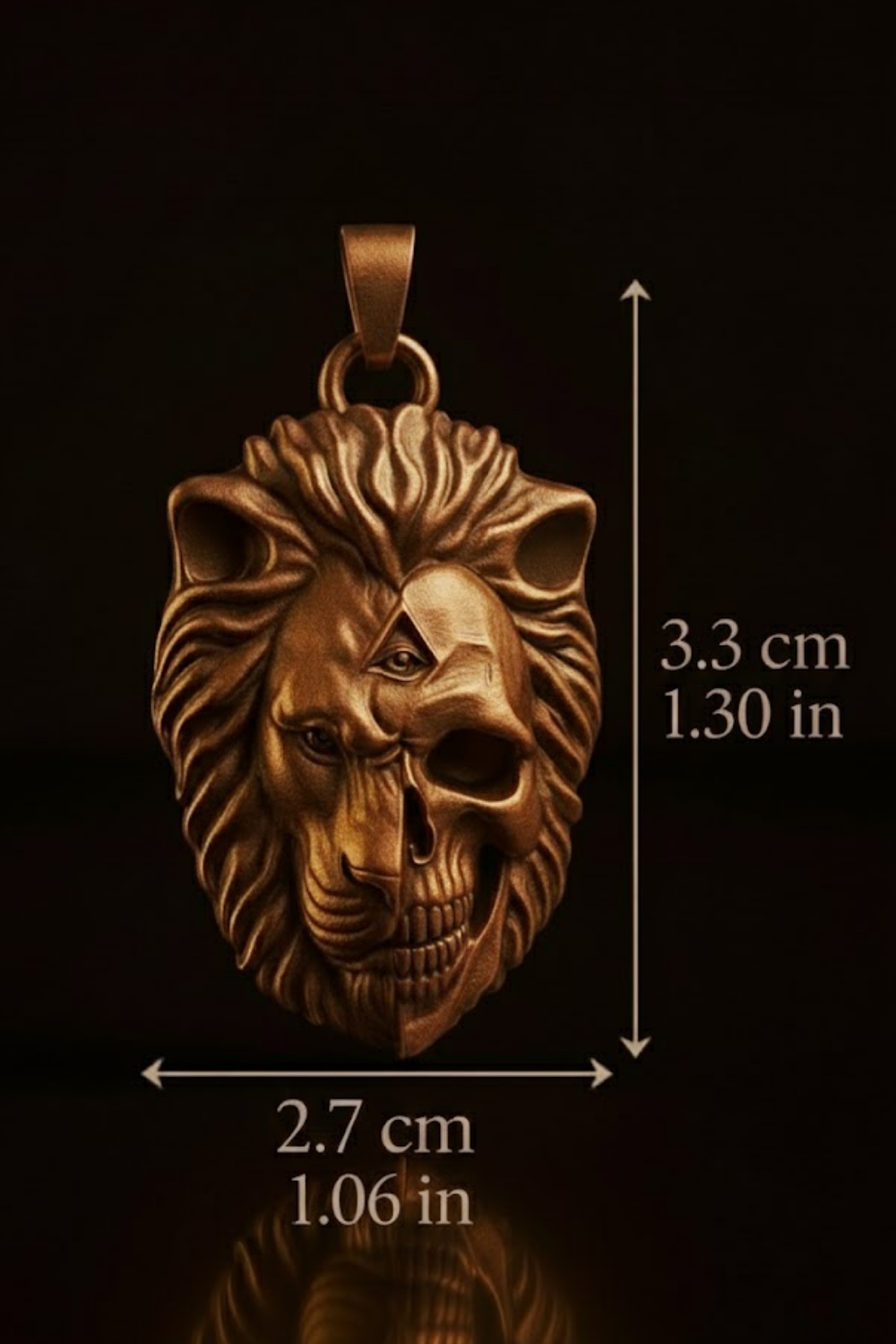 a pendant in the shape of a lion's head with a skull on one side, and the pendant is described as being 3.3 cm in length and 1.30 in width.