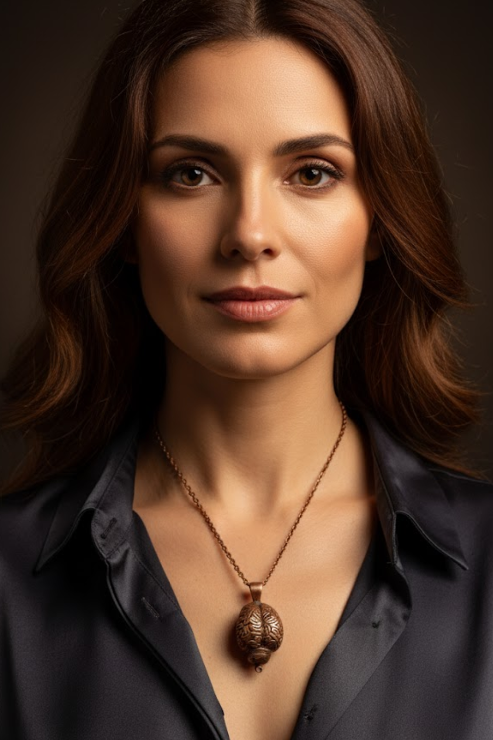 A woman with long brown hair wearing a necklace with a pendant, looking directly at the camera with a serious expression.