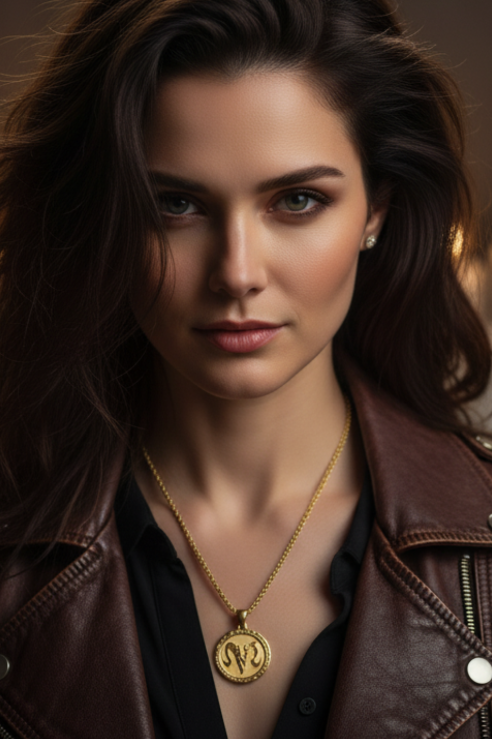 A close-up portrait of a woman with long dark hair, wearing a brown leather jacket and a gold necklace with a pendant.