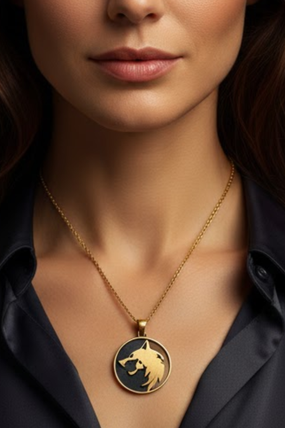 A woman wearing a gold necklace with a pendant featuring a wolf's head design.