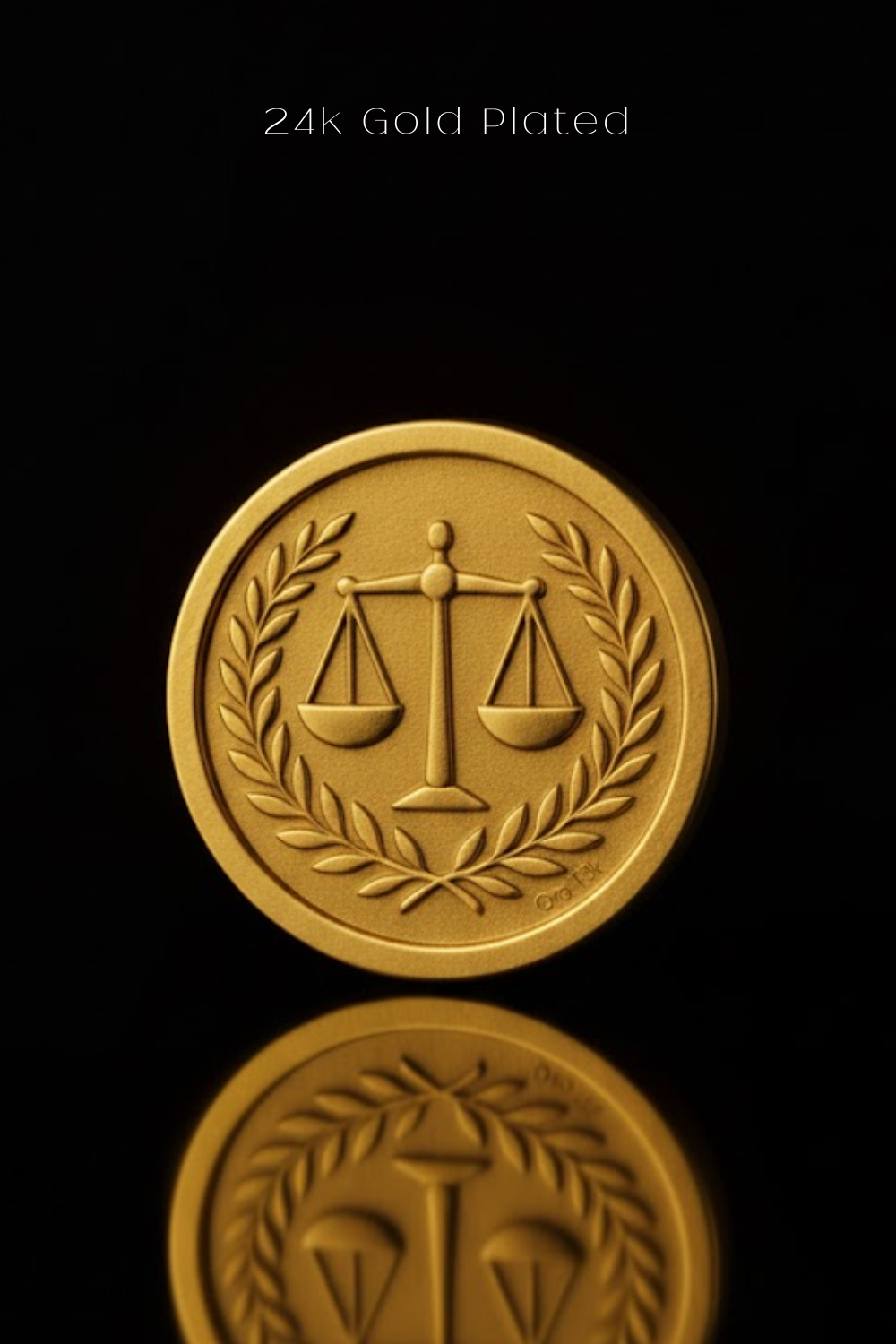 A 24k gold-plated coin with a balanced scale design, featuring a laurel wreath around the center.