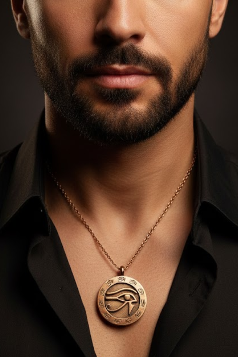 A close-up of a man's neck and chest area, with a gold-colored pendant featuring an eye design hanging from a chain around his neck.