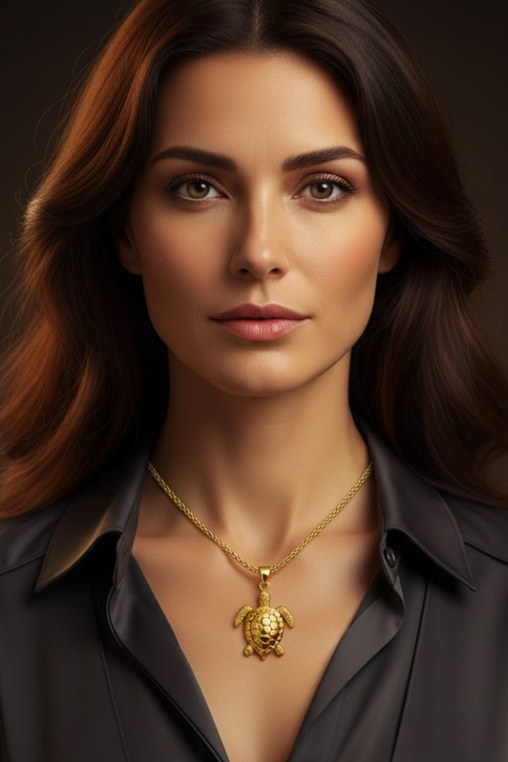 A woman with long brown hair wearing a necklace with a pendant, looking directly at the camera with a serious expression.