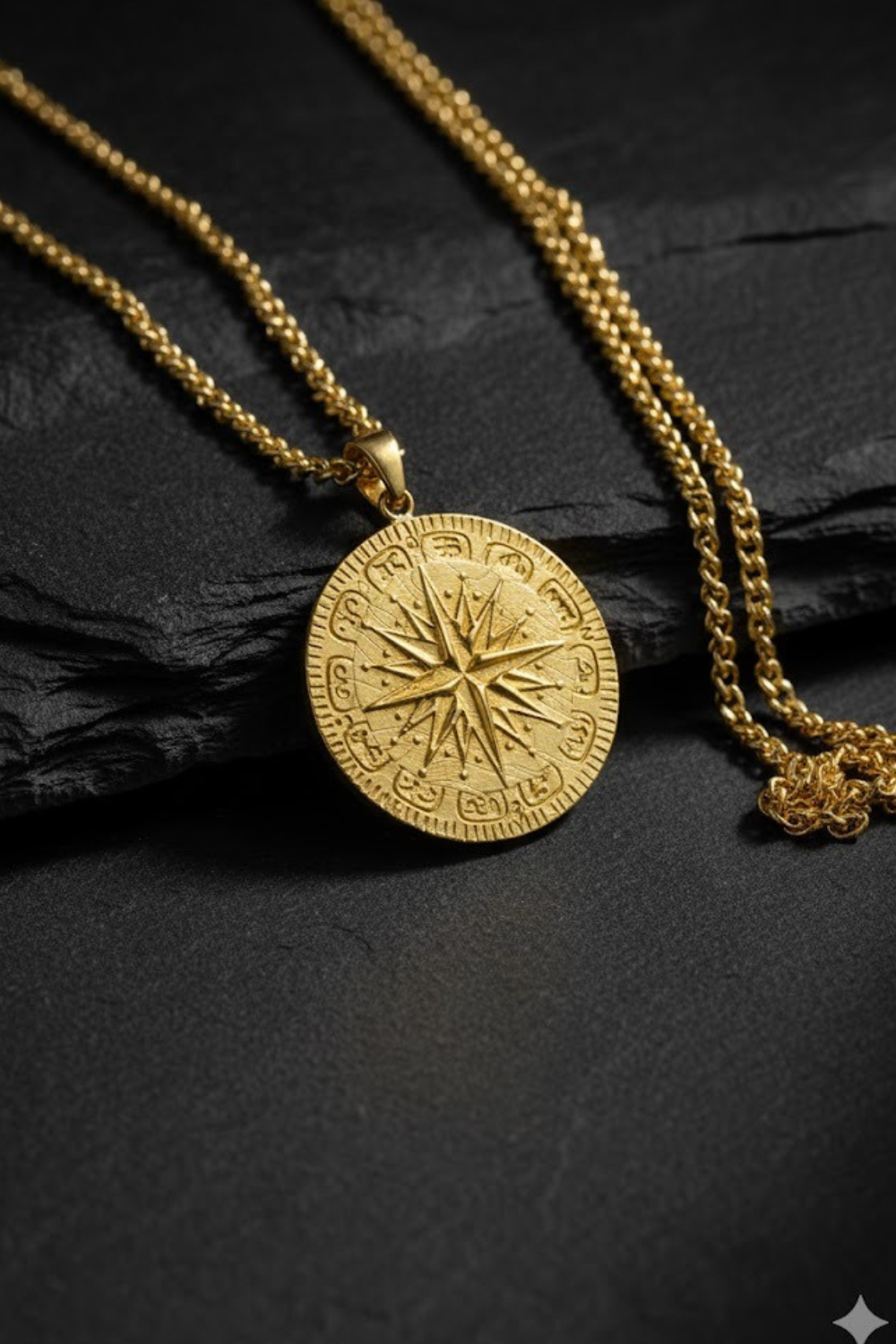 A gold-colored pendant necklace with a compass design rests on a dark surface.