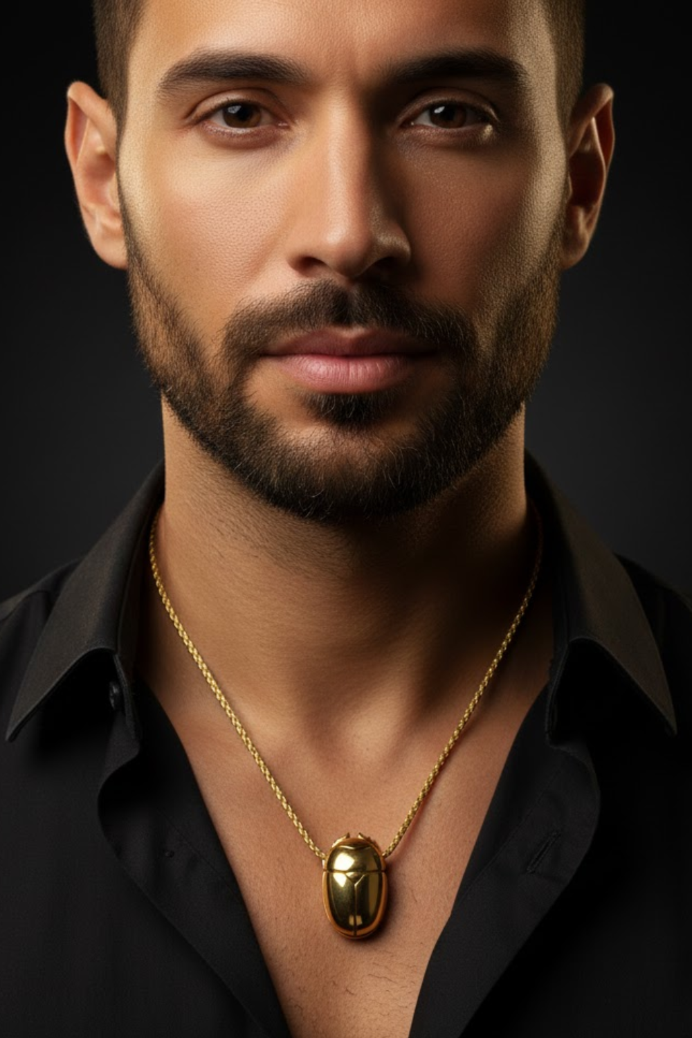 A man with a beard wearing a black shirt and a gold necklace with a pendant.