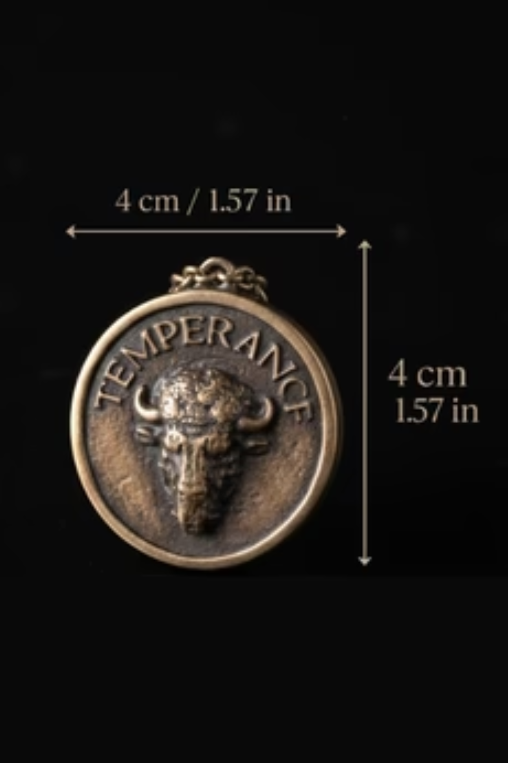 a large, detailed metal pendant with the word "TEMPERANCE" engraved on it. The pendant is approximately 4 cm in diameter, as indicated by the text above it.
