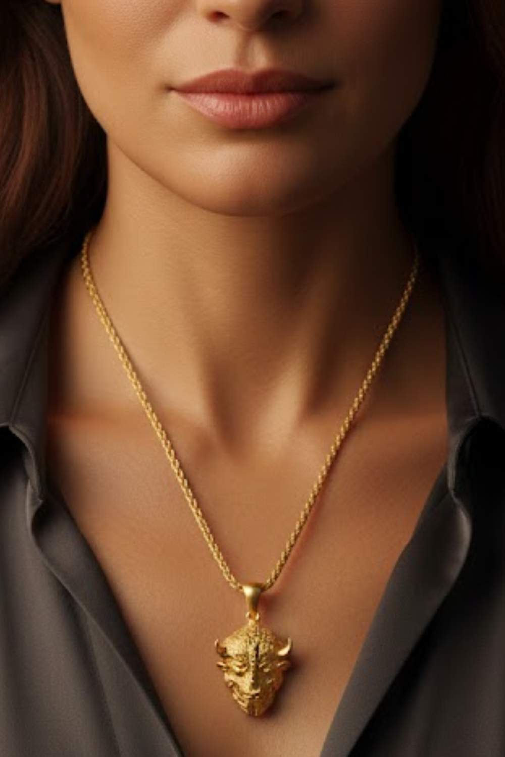A close-up of a woman's neck and chest area, with a gold-colored pendant necklace featuring a pendant in the shape of a lion's head.