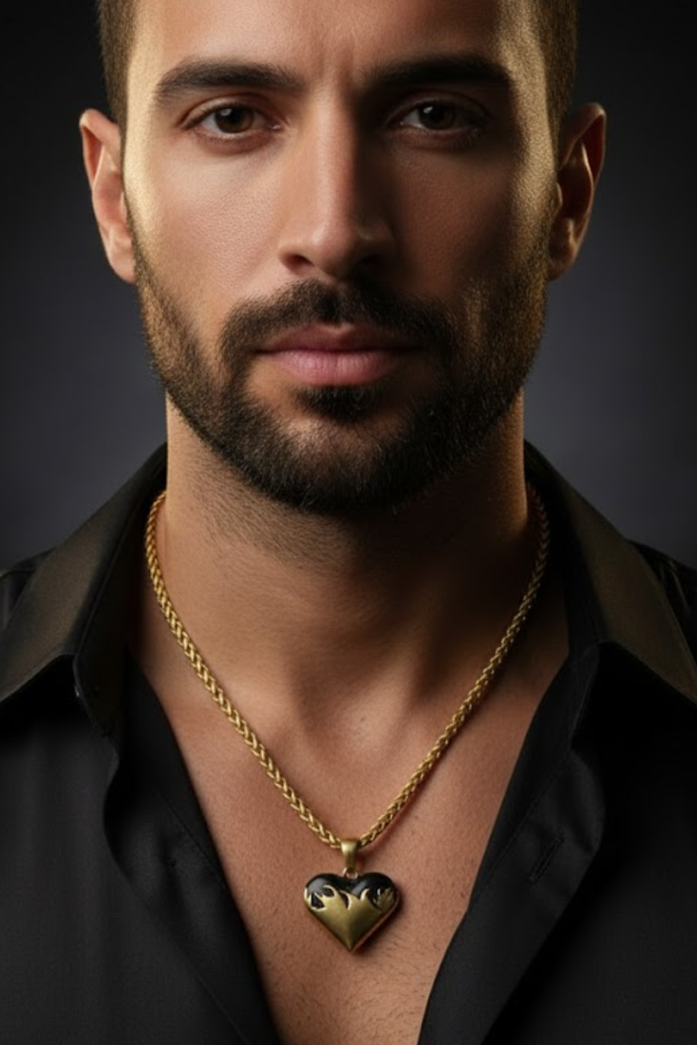 A man with a beard wearing a black shirt and a gold necklace with a heart-shaped pendant.