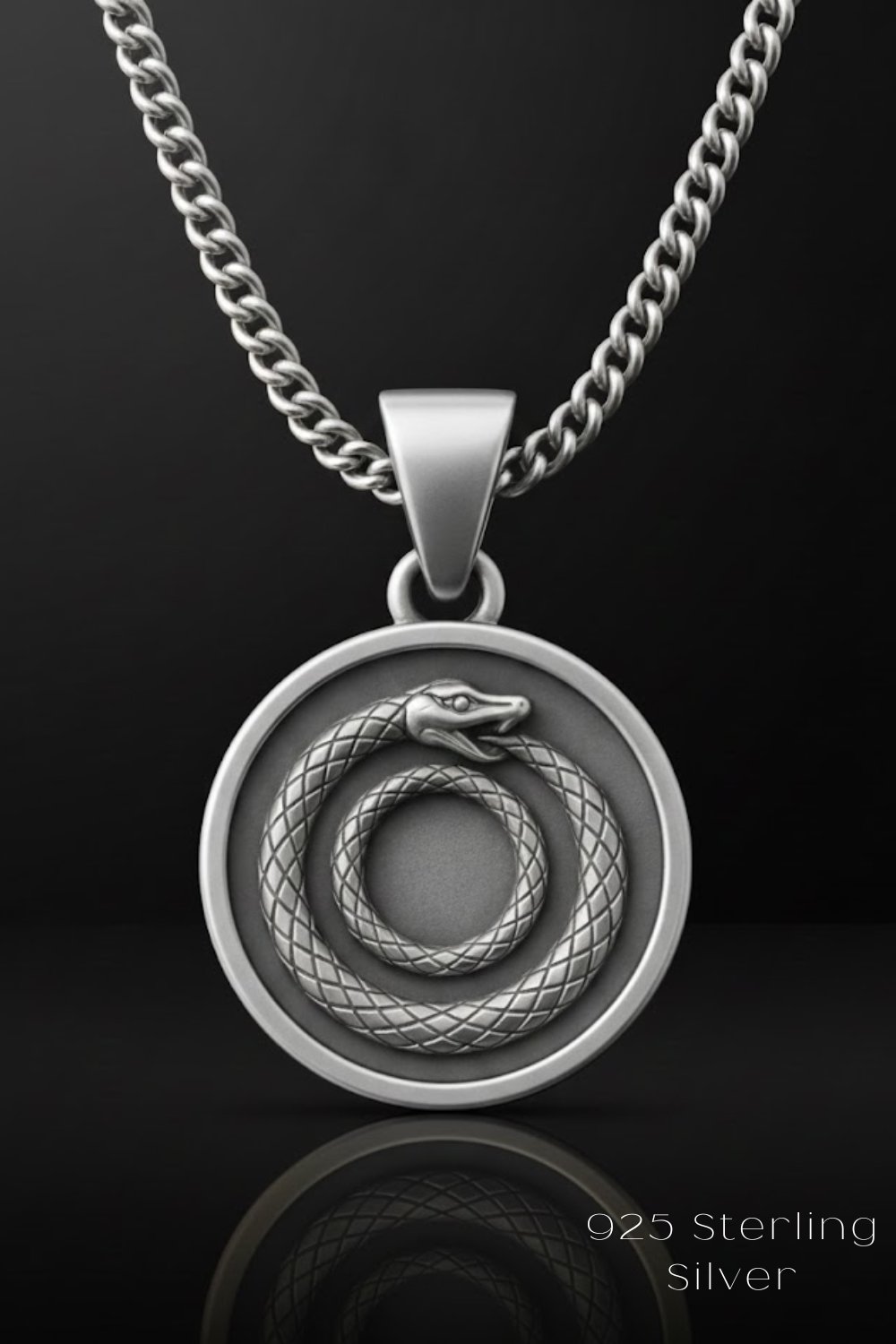 A silver pendant necklace with a circular pendant featuring a snake design.