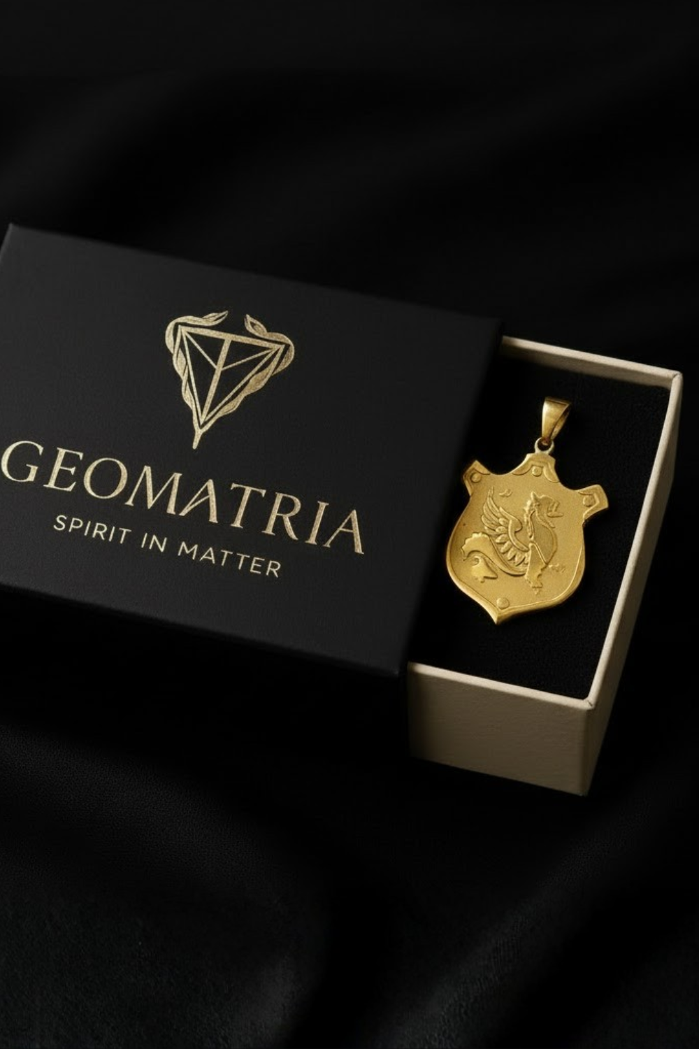 A gold pendant with a shield design is displayed in a black box with the text "Geomatria" and "SPIRIT IN MATTERS" printed on it.