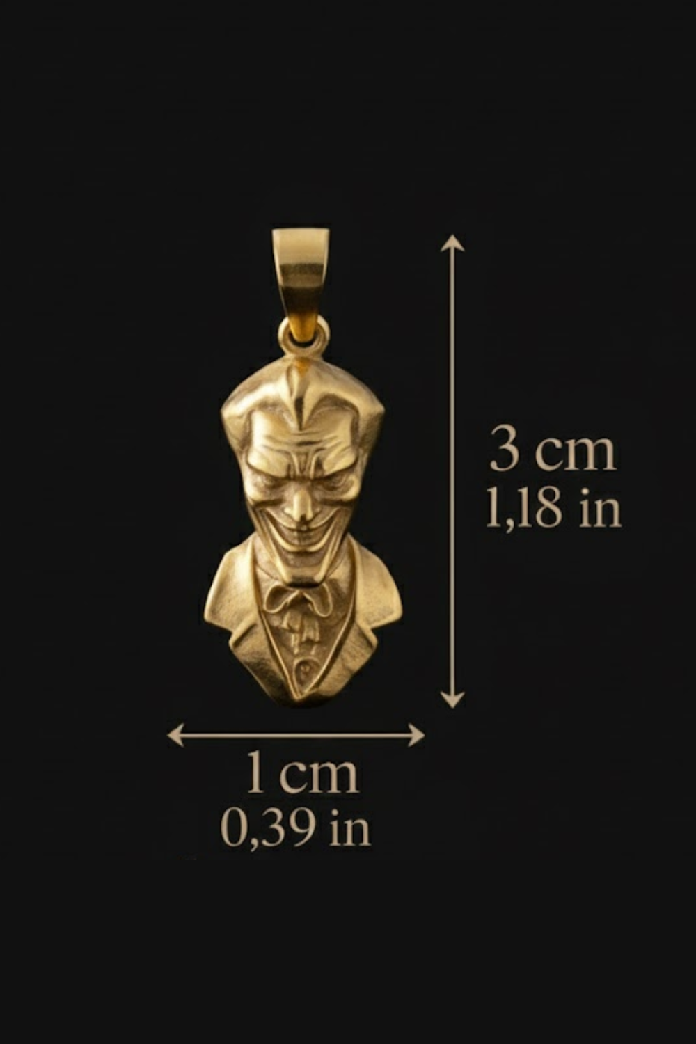A gold-colored pendant in the shape of a smiling man's head, with measurements provided.