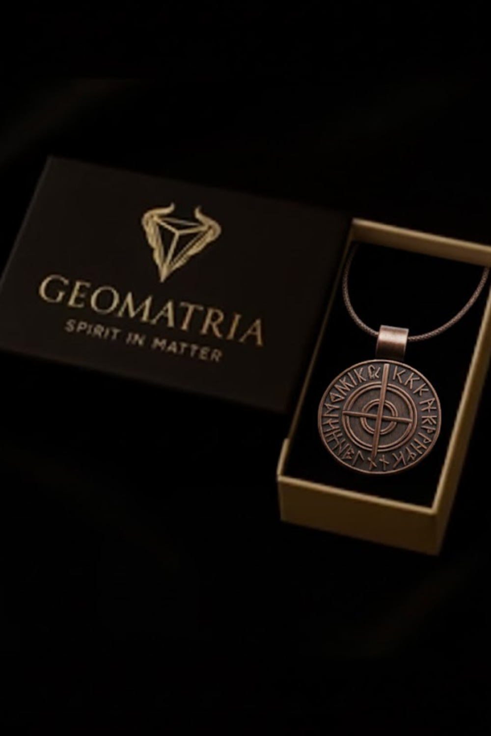 A pendant necklace with a circular pendant is displayed in a black box with the text "Geomatria Spirit in Matter" printed on it.