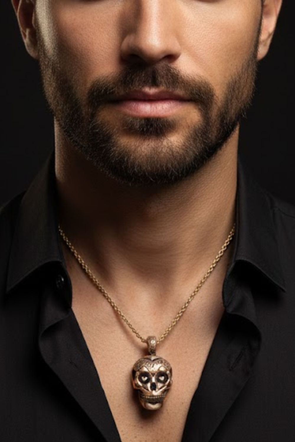 A close-up of a man's neck and chest area, with a gold-colored pendant featuring a skull design hanging from a chain around his neck.