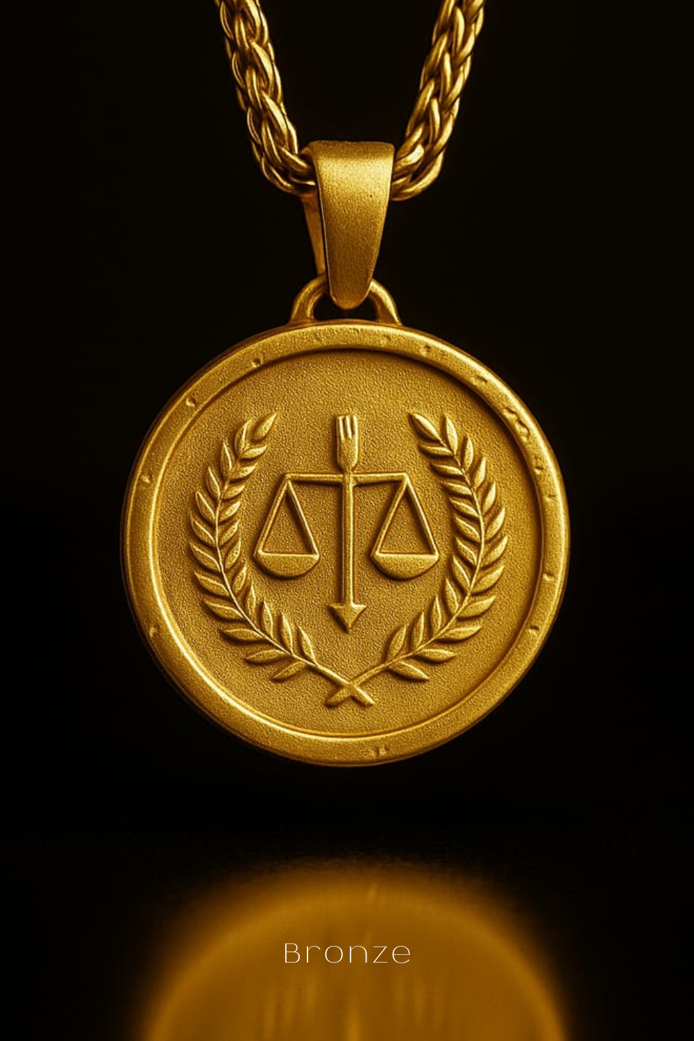 A gold-colored pendant with a circular design featuring a scale of justice, a laurel wreath, and a key, suspended from a chain against a black background.