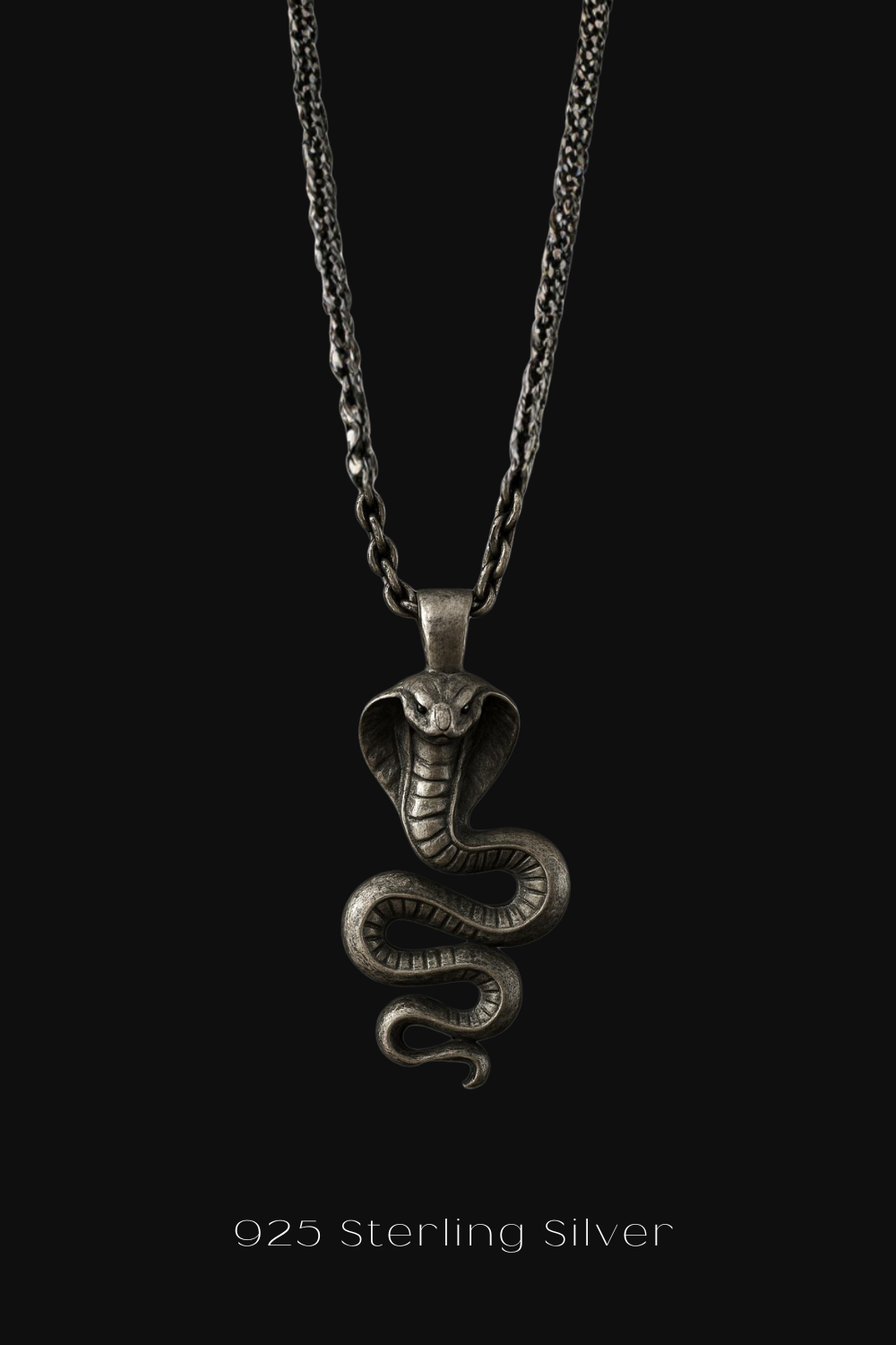 A silver pendant necklace with a snake design on a black background.