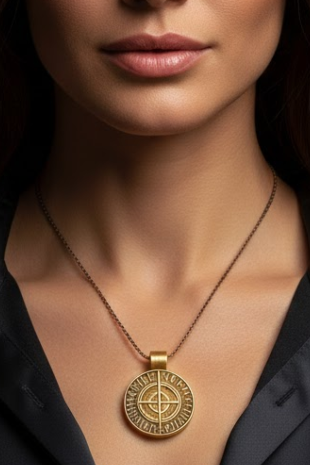 A close-up of a woman's neck and chest area, with a gold-colored pendant necklace featuring a compass design.