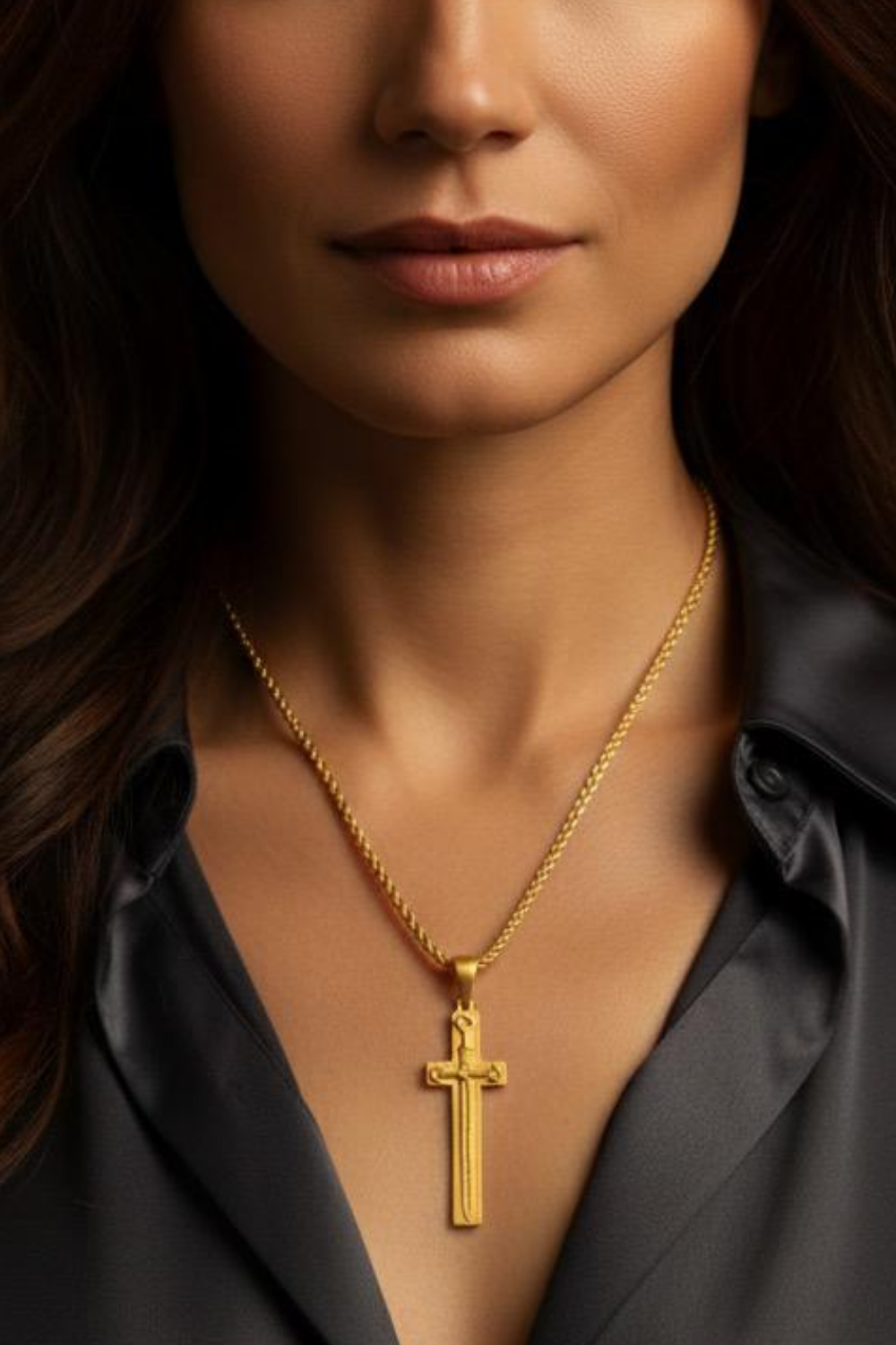A close-up of a woman's neck and chest area, with a gold cross pendant hanging from a chain.
