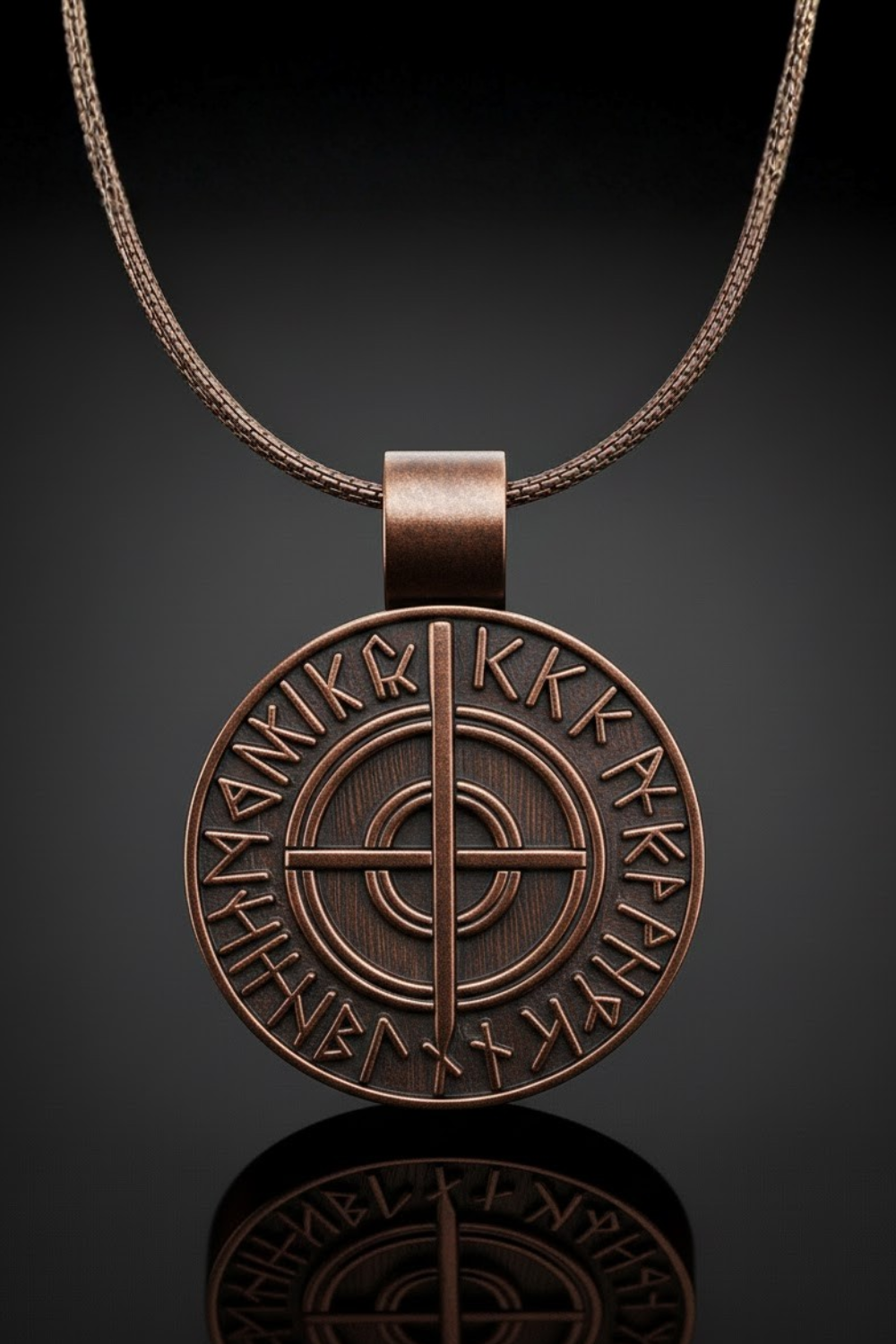 A circular pendant with a cross design and various symbols, including what appear to be letters and numbers, suspended from a chain against a dark background.