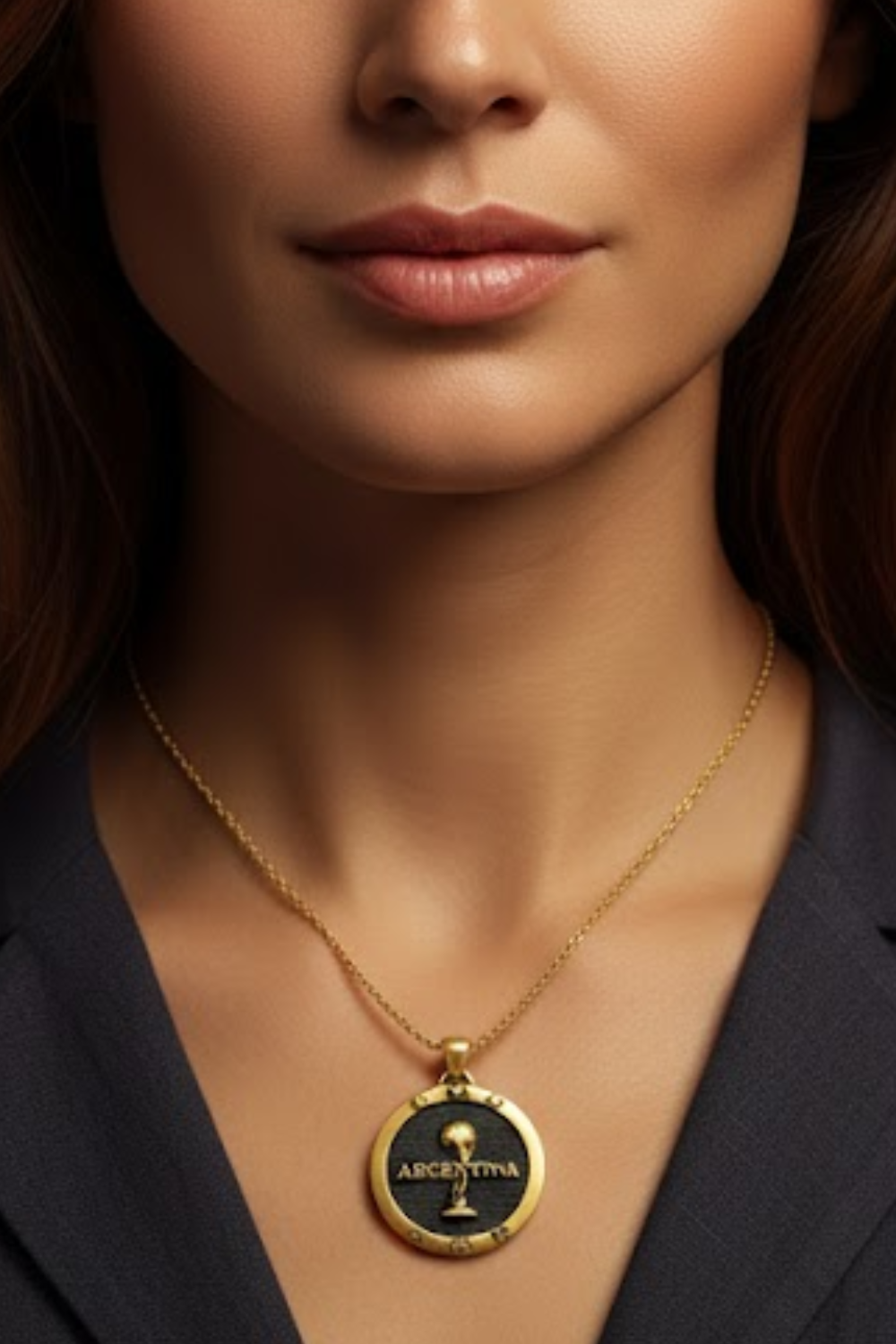 A close-up of a woman's neck and chest area, with a gold necklace featuring a pendant that says "Ascertina".