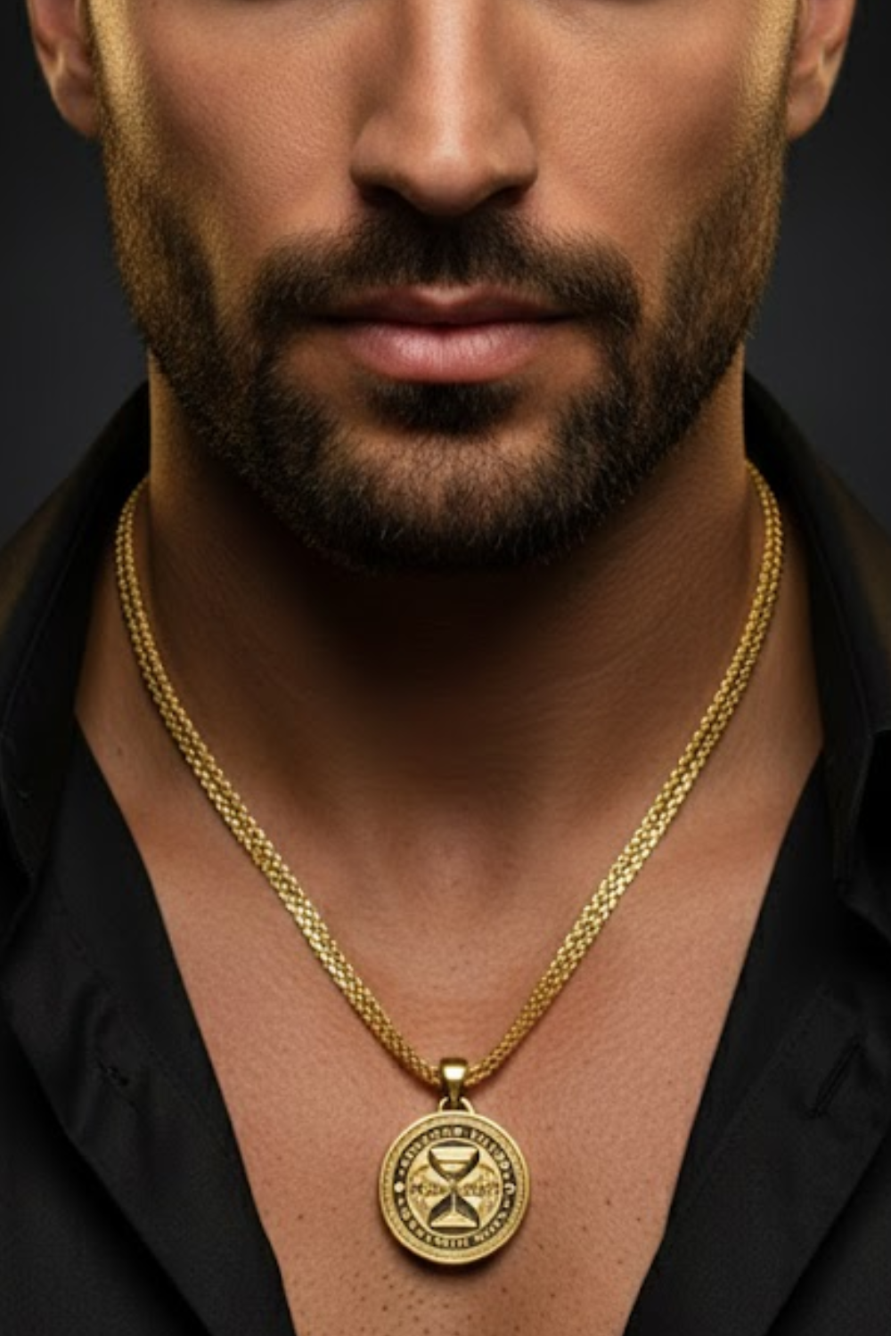 A close-up of a man's neck and chest area, with a gold chain necklace and a large pendant featuring a circular emblem.