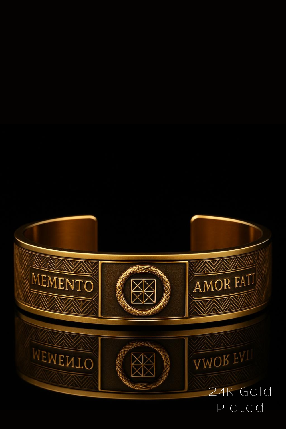 A gold-plated bracelet with the words "MEMENTO" and "AMOR Fatti" engraved on it, along with a geometric design.