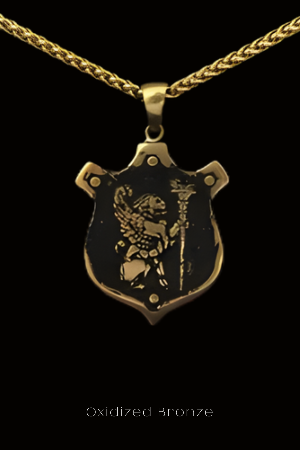 A pendant in the shape of a shield with a winged lion and a staff, suspended from a gold chain.