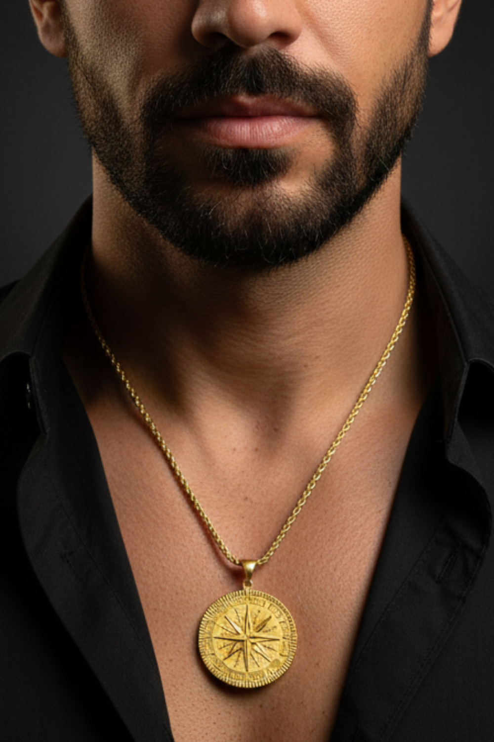A close-up of a man's neck and chest area, with a gold-colored pendant necklace featuring a compass design.