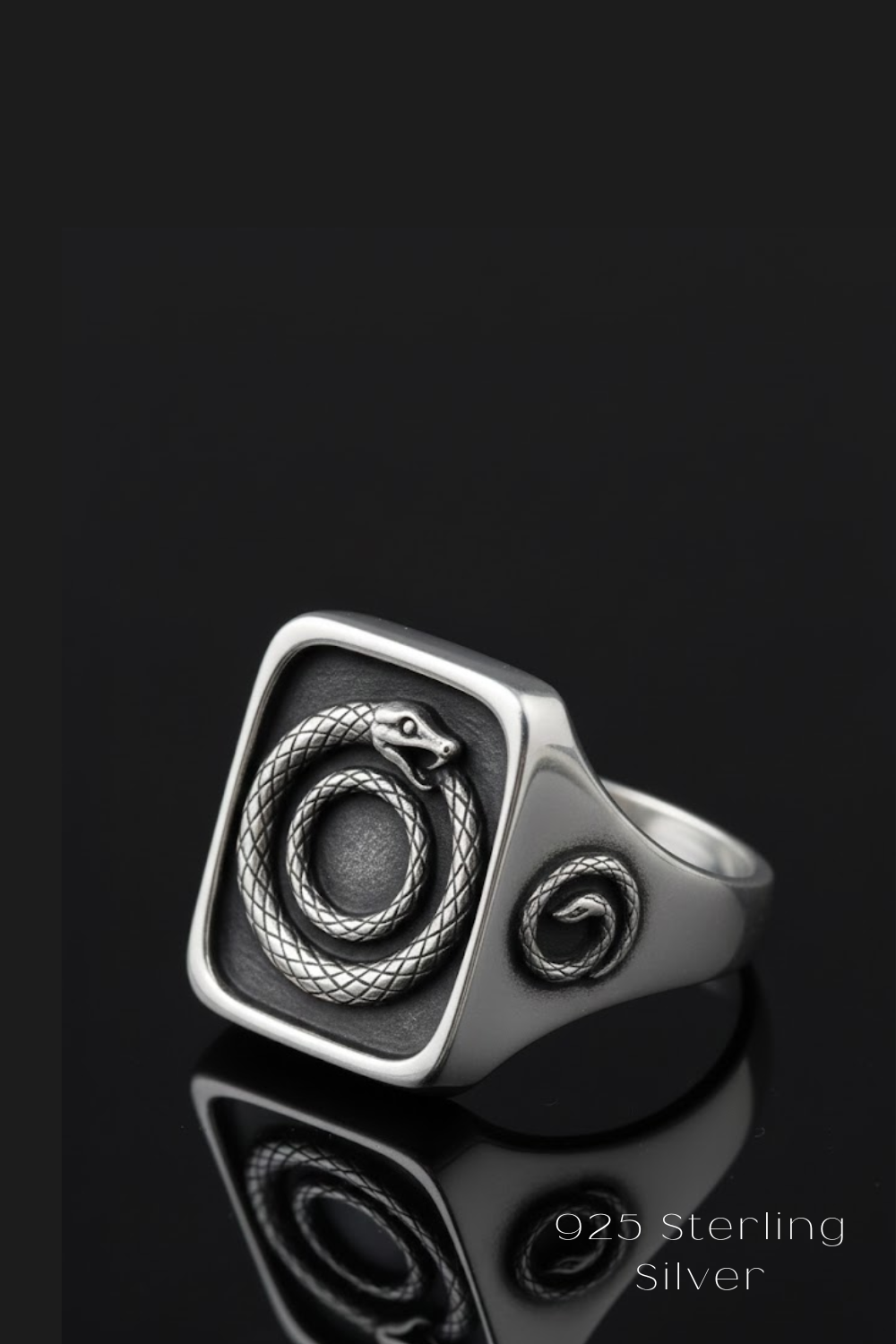 A silver ring with a snake design on it, set against a black background.