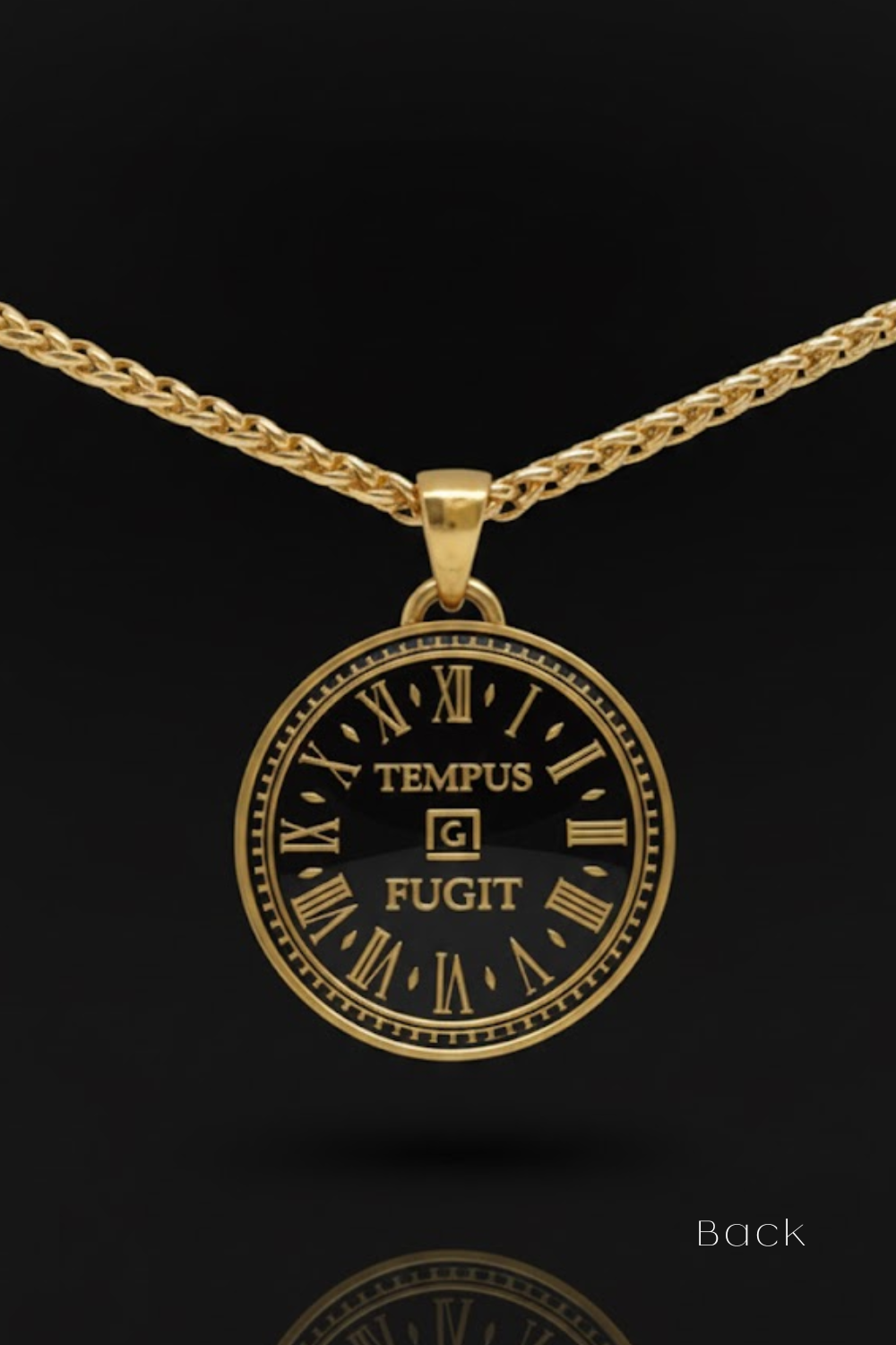 A gold-colored pendant necklace with a circular pendant featuring Roman numerals and the text "TEMPUS FUGIT" against a black background.