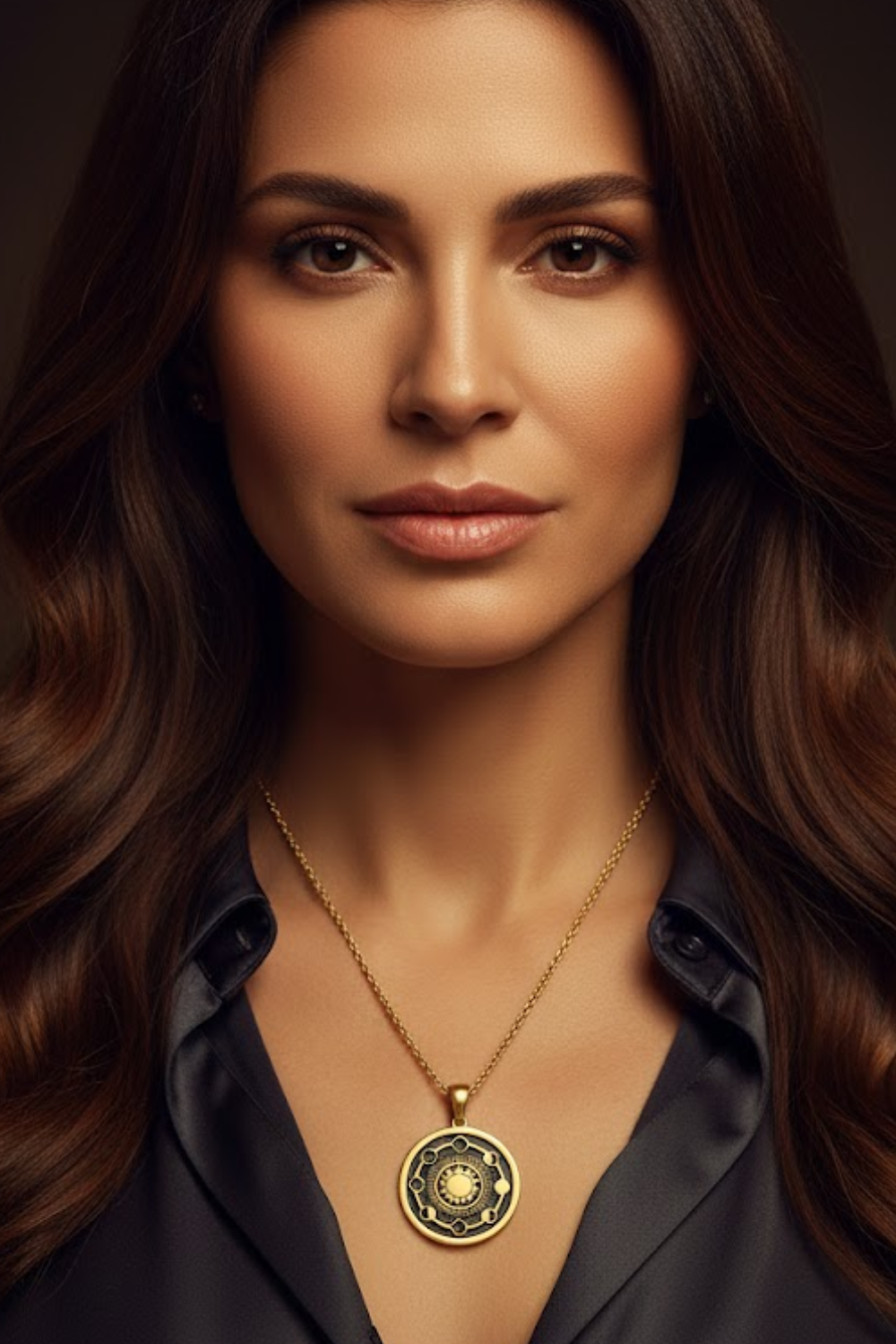 A close-up portrait of a woman with long, dark hair wearing a necklace with a pendant.
