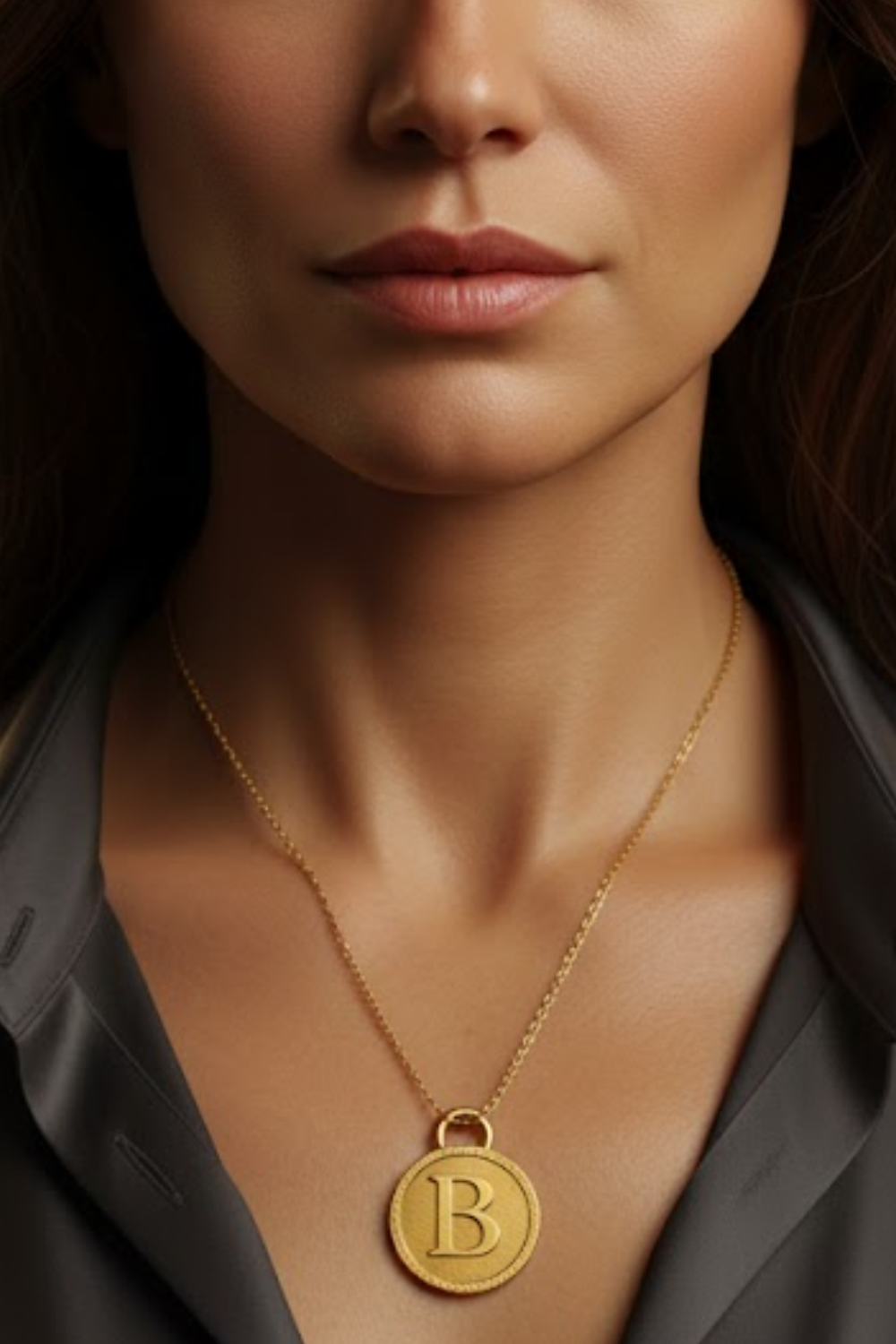 A close-up of a woman's neck and chest area, with a gold-colored necklace featuring a large circular pendant with the letter "B" on it.