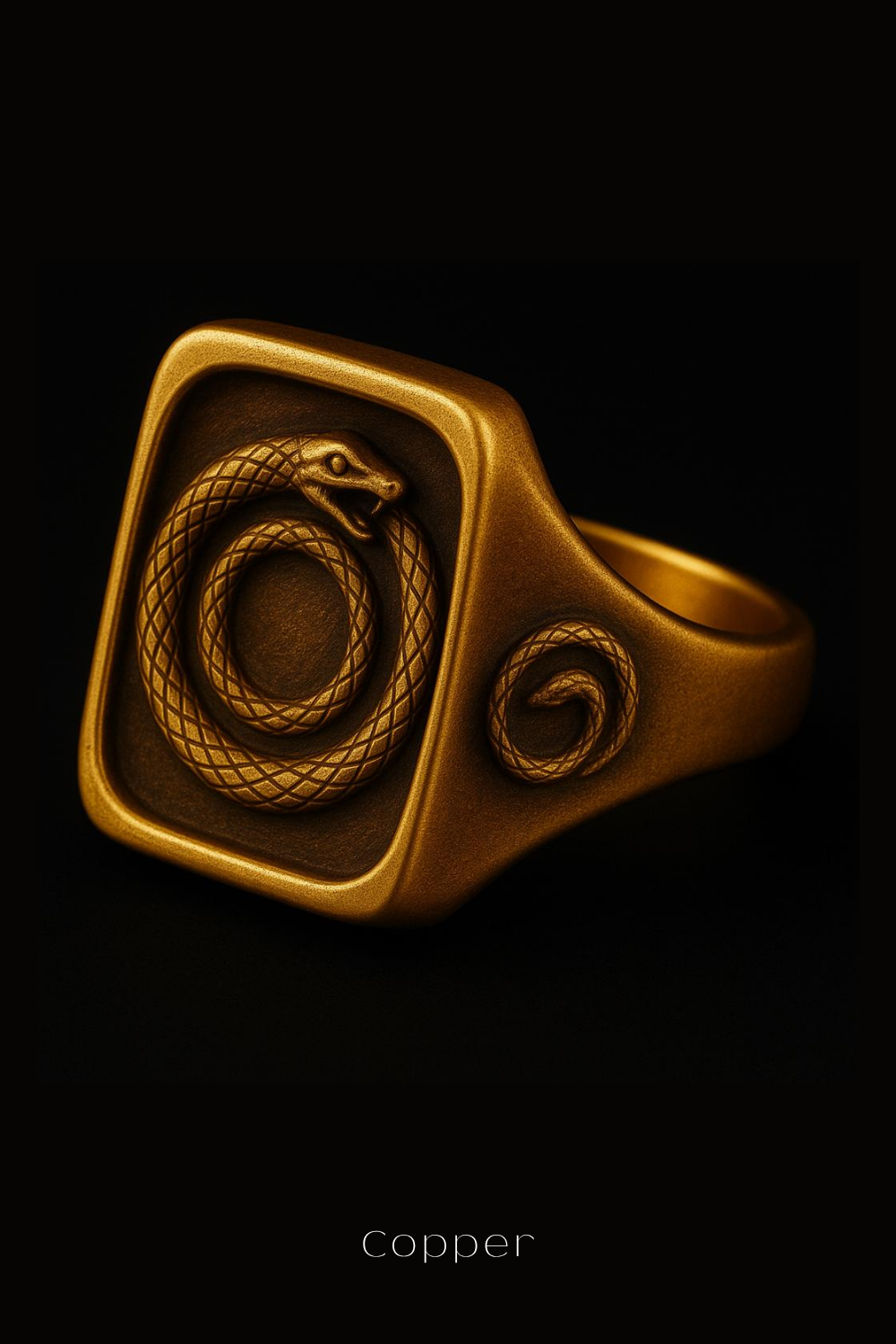 A gold ring with a square-shaped design featuring a snake and a spiral pattern.