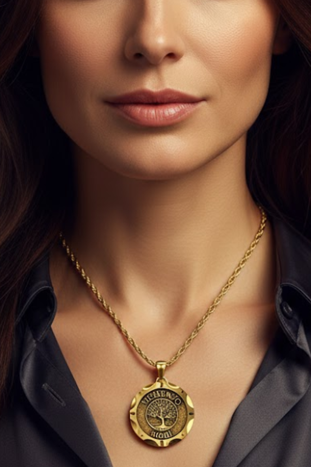 A close-up of a woman's neck and chest area, with a gold-colored pendant necklace featuring a tree design.