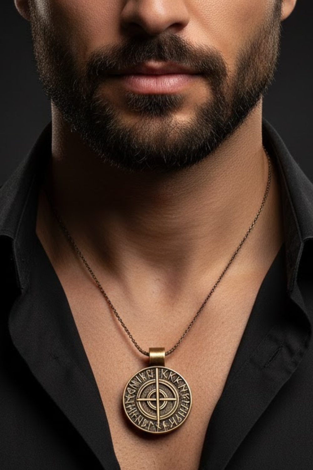 A close-up of a man's neck and chest area, with a large, ornate pendant necklace featuring a compass design.