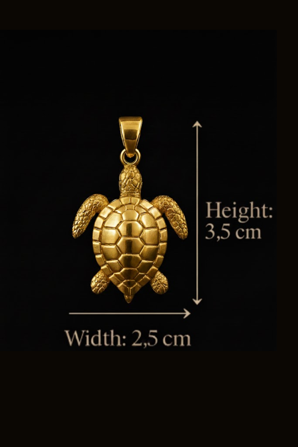 A gold-colored turtle pendant with a measurement scale indicating its height and width.