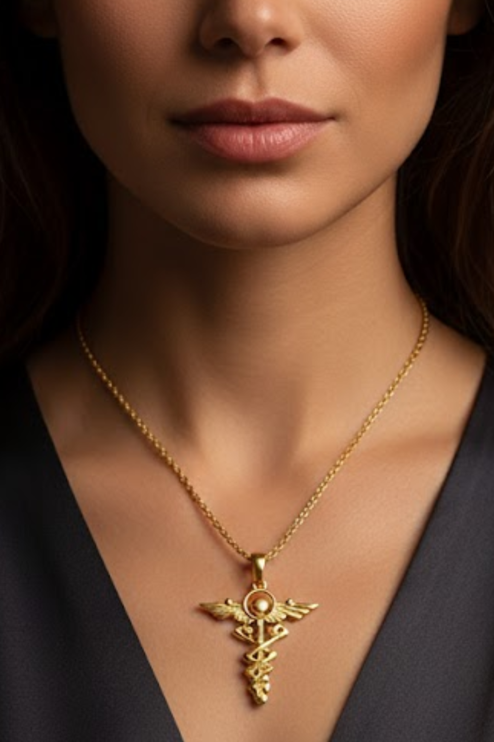 A close-up of a woman's neck and chest area, with a gold-colored pendant necklace featuring a medical symbol.