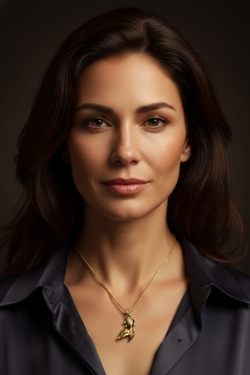 A portrait of a woman with long brown hair wearing a necklace and a dark shirt.