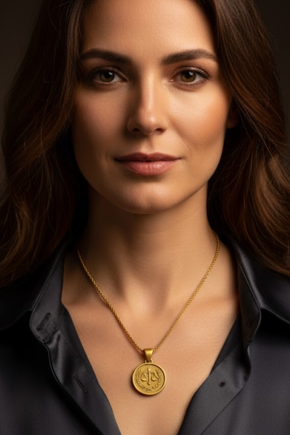 A woman with long brown hair wearing a necklace with a large gold pendant.